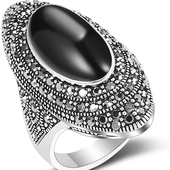 Mytys Retro Vintage Cocktail Statement Ring Black Marcasite and Crystal Rings fo - Picture 3 of 8
